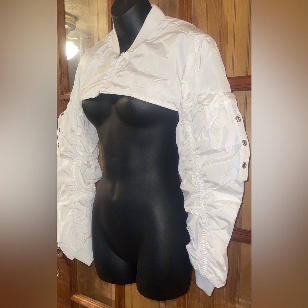 White Ruched Bomber Cropped Jacket - Picture 3 of 5